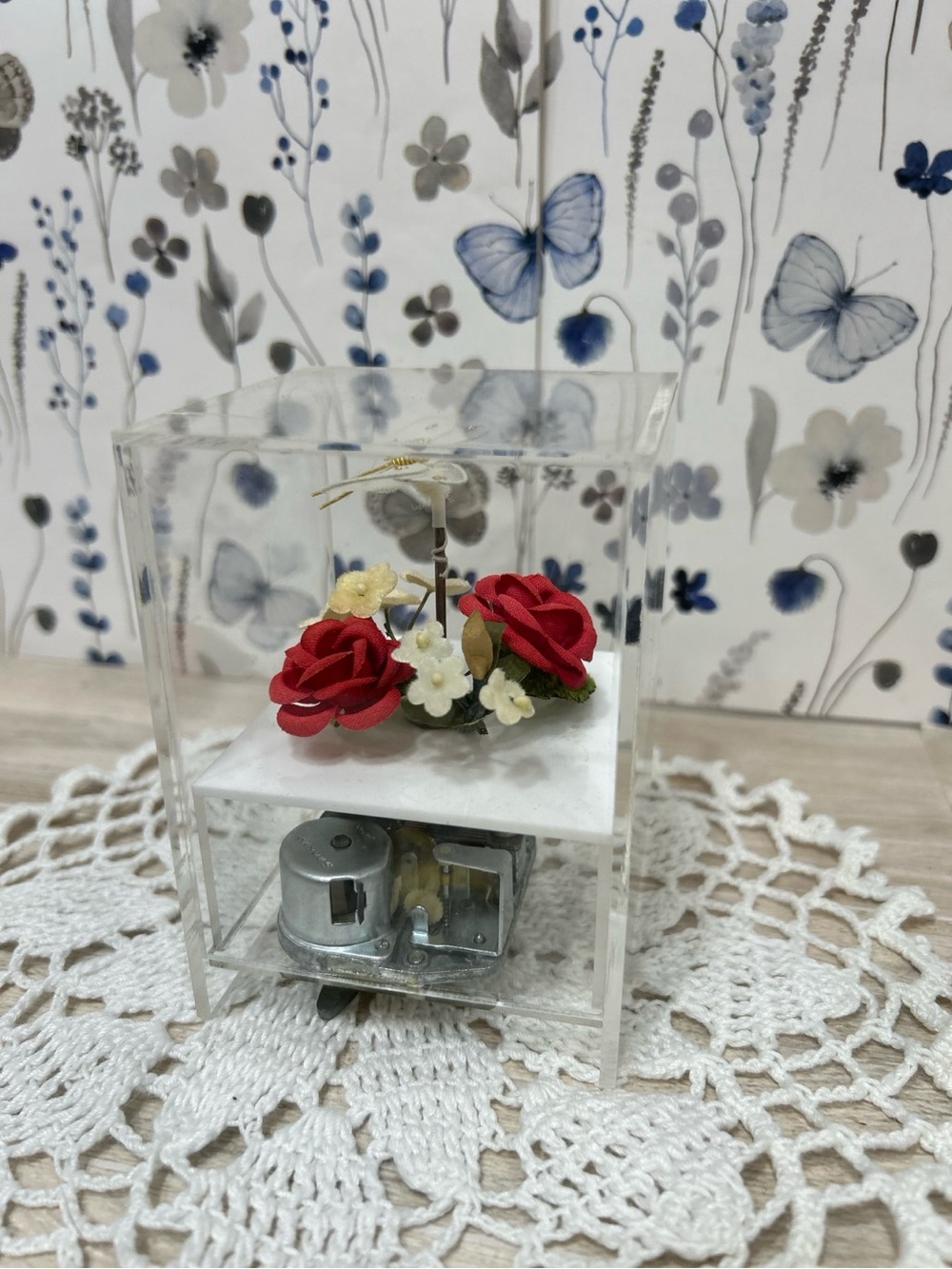 Vintage Japan Love Story Music Box Roses Butterfly Working